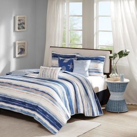6 Piece Printed Quilt Set with Throw Pillows Blue Full/Queen