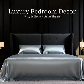Satin Bed Sheets, Full Size Sheets Set, 4 Pcs Silky Bedding Set with 15 Inches Deep Pocket for Mattress (Full, Grey)