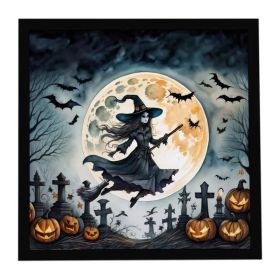 Flying Witch Spooky Halloween Framed Metal Print Bathroom, Kitchen, Office, Home Decor Wall Art Ready to Hang, Square, 8X8 (Option: Default)