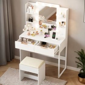White particleboard with a melamine finish, 2 drawers, 4 shelves, a dressing table set with 10 three-tone light bulbs, a power strip, and a grill (Option: default title)